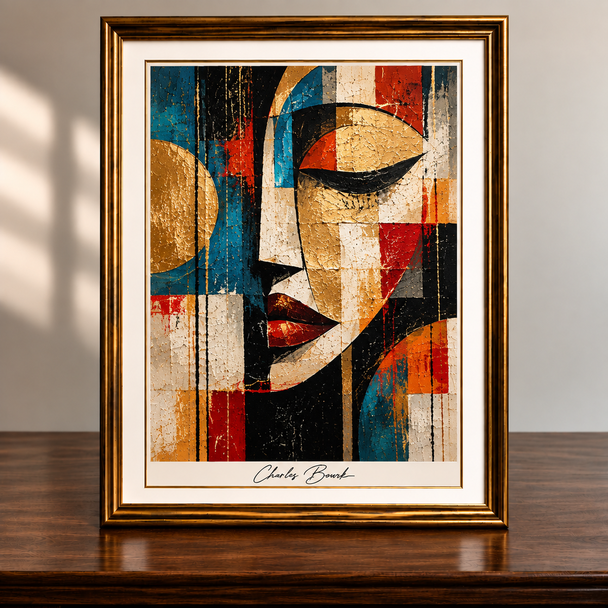 Framed Abstract Portrait in Gold and Crimson