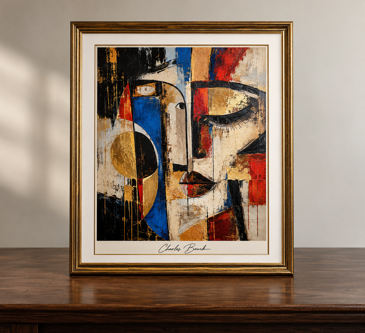 Framed Abstract Portrait on Wood Table