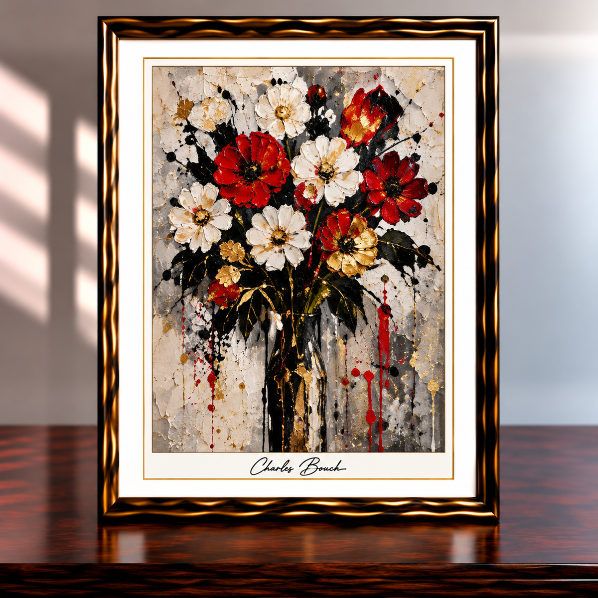 Framed Crimson and Gold Floral Bouquet