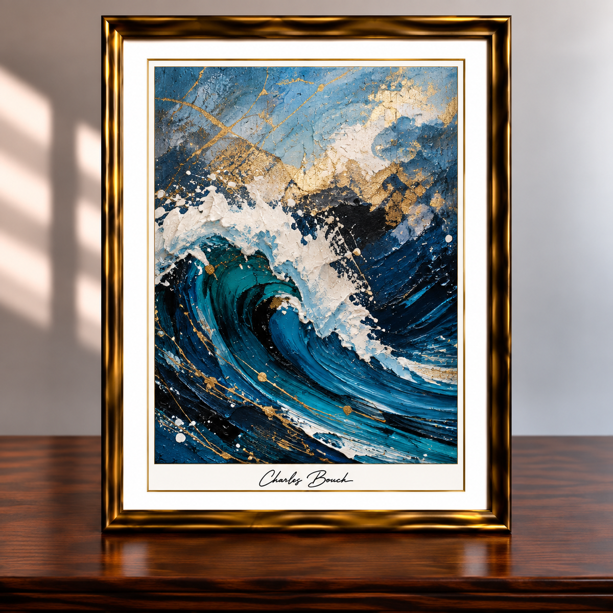 Framed Gold and Blue Ocean Wave