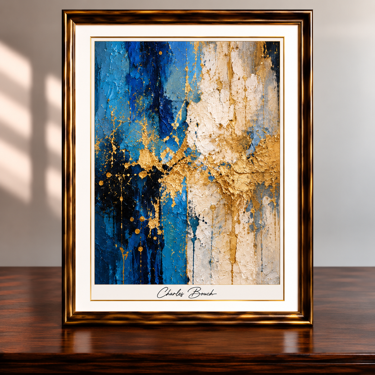 Gold-Framed Blue and Gold Abstract Art