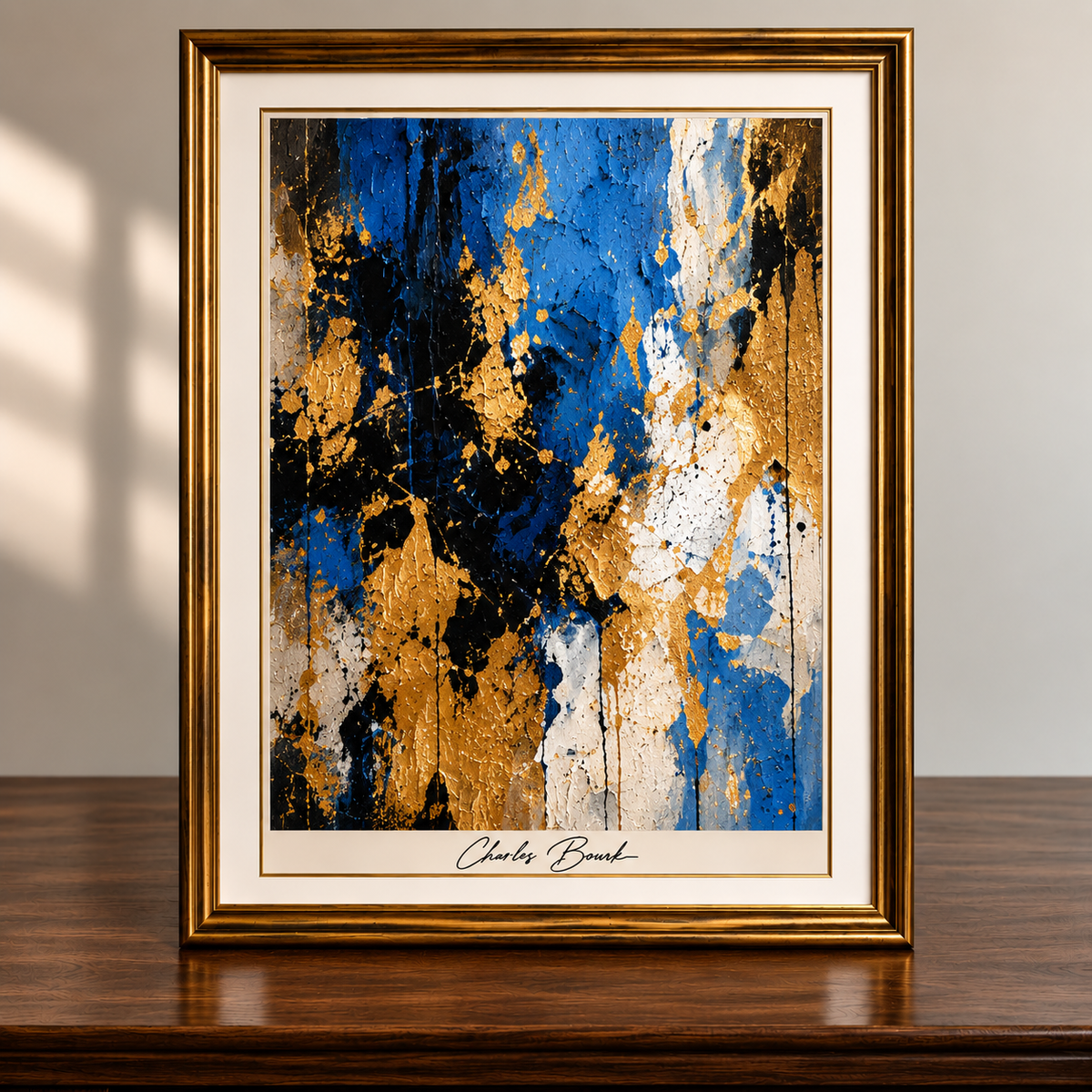 Luxurious Gold and Blue Abstract Framed Art