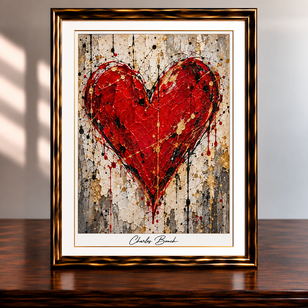 Textured Crimson Heart in Gold Frame