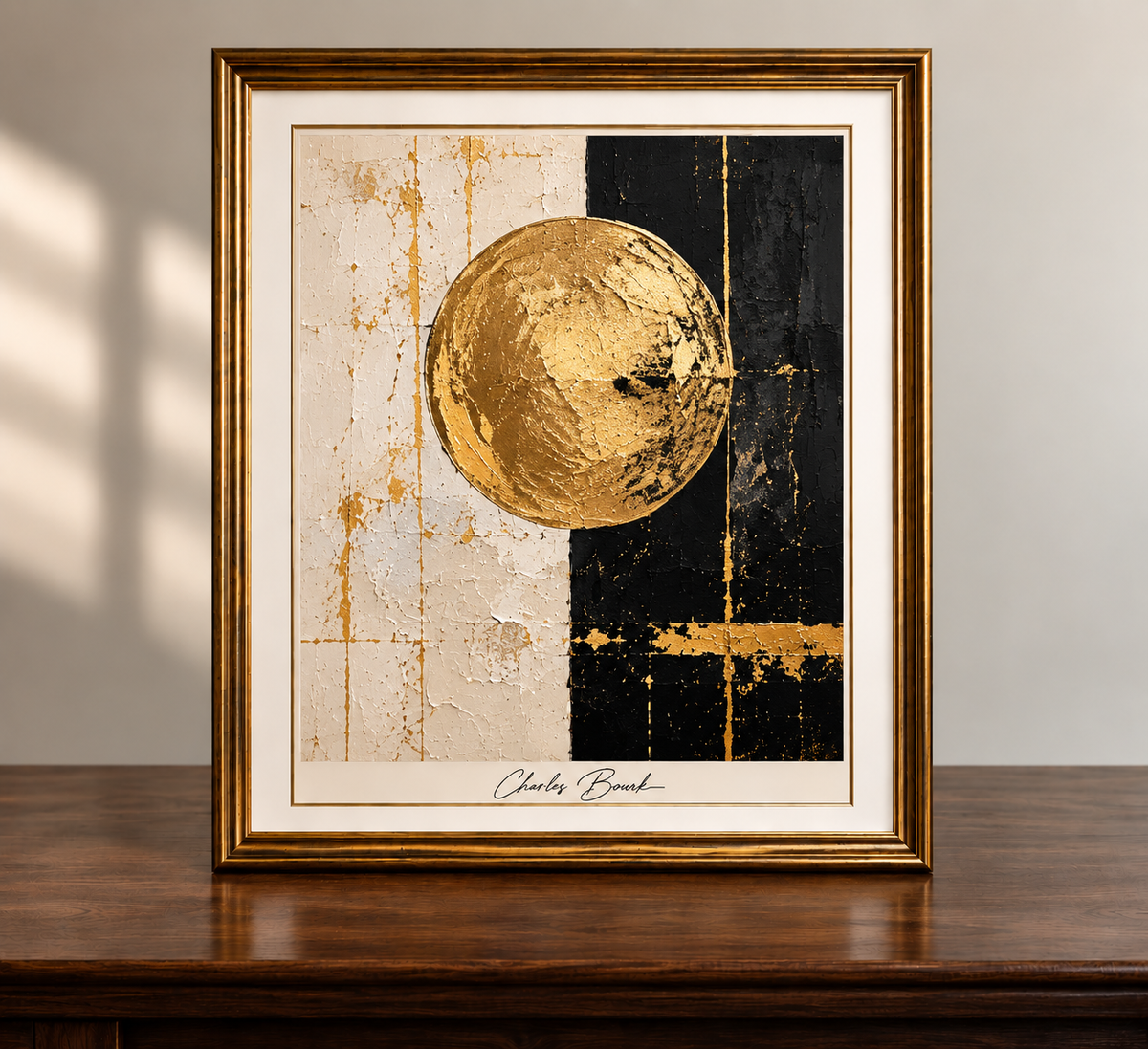 Textured Gold Sun Abstract in Gilded Frame