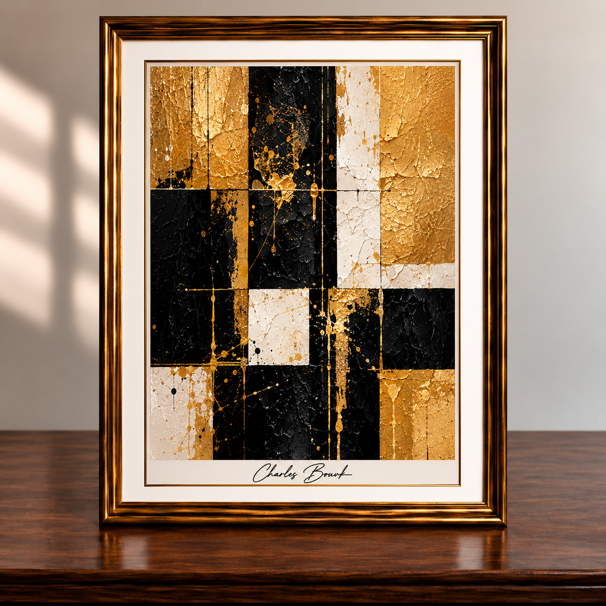 Textured Gold and Black Abstract in Ornate Frame